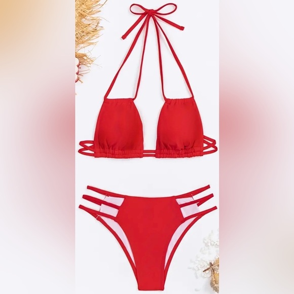 Red Halter Cut Out Bikini Set - Picture 4 of 9
